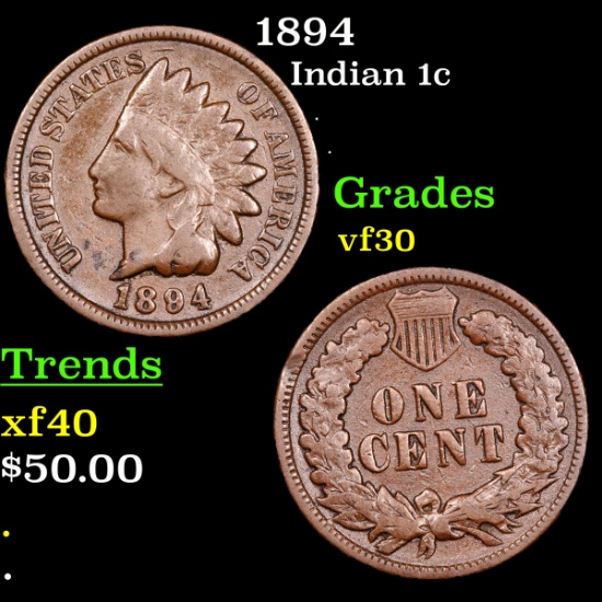 1894 Indian Cent 1c Grades vf++