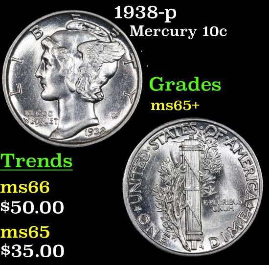 1938-p Mercury Dime 10c Grades GEM+ Unc