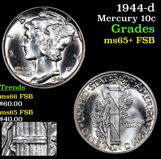 1944-d Mercury Dime 10c Grades GEM+ FSB