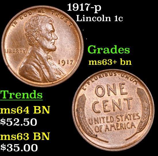 1917-p Lincoln Cent 1c Grades Select+ Unc BN