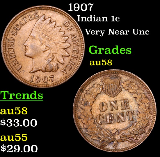 1907 Indian Cent 1c Grades Choice AU/BU Slider