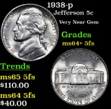 1938-p Jefferson Nickel 5c Grades Choice Unc+ 5fs