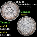 1861-p Seated Liberty Dime 10c Grades Select+ Unc