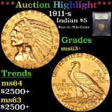 ***Auction Highlight*** 1911-s Gold Indian Half Eagle $5 Graded Select+ Unc By USCG (fc)