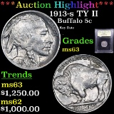 ***Auction Highlight*** 1913-s TY II Buffalo Nickel 5c Graded Select Unc by USCG (fc)