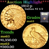 ***Auction Highlight*** 1912-p Gold Indian Quarter Eagle $2 1/2 Graded Select Unc by USCG (fc)