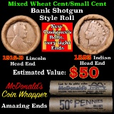 Mixed small cents 1c orig shotgun roll, 1916-d Wheat Cent, 1893 Indian Cent other end Grades