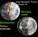 1990 Rainbow Toned Silver Eagle Dollar $1 Grades Gem++ Unc