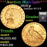 ***Auction Highlight*** 1910-p Gold Indian Quarter Eagle $2 1/2 Graded Select Unc By USCG (fc)