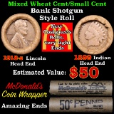 Mixed small cents 1c orig shotgun roll, 1918-s Wheat Cent, 1899 Indian Cent other end Grades