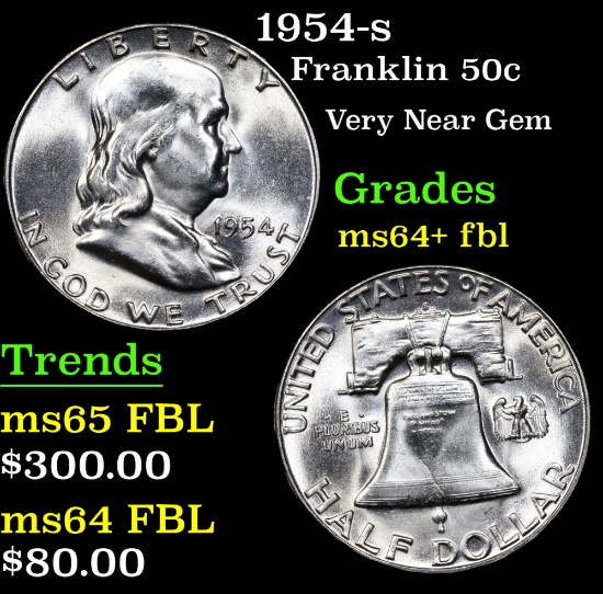 1954-s Franklin Half Dollar 50c Grades Choice Unc+ FBL