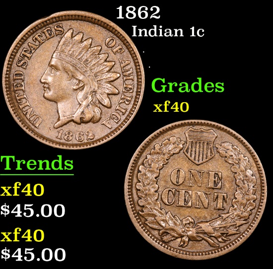 1862 Indian Cent 1c Grades xf