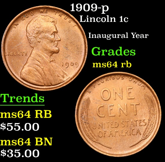 1909-p Lincoln Cent 1c Grades Choice Unc RB
