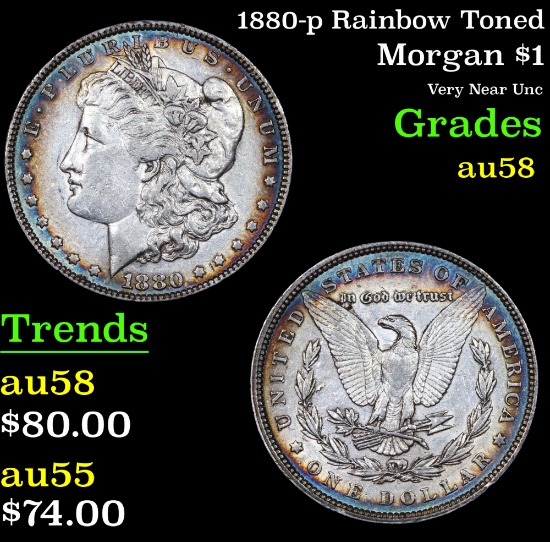 1880-p Rainbow Toned Morgan Dollar $1 Grades Choice AU/BU Slider