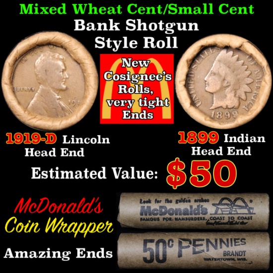 Mixed small cents 1c orig shotgun roll,1919-dWheat Cent,1899 Indian Cent other end