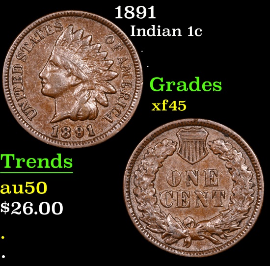 1891 Indian Cent 1c Grades xf+