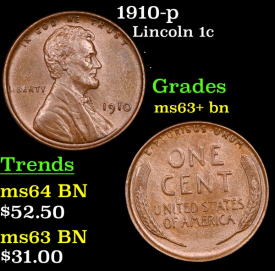 1910-p Lincoln Cent 1c Grades Select+ Unc BN