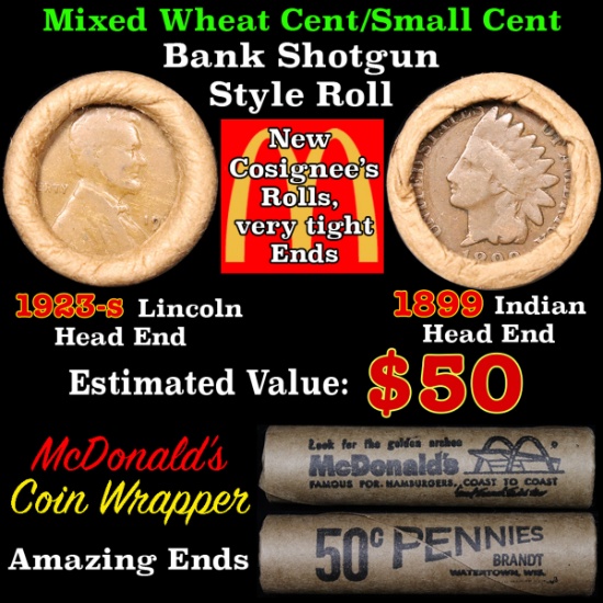 Mixed small cents 1c orig shotgun roll, 1923-s Wheat Cent, 1899 Indian Cent other end