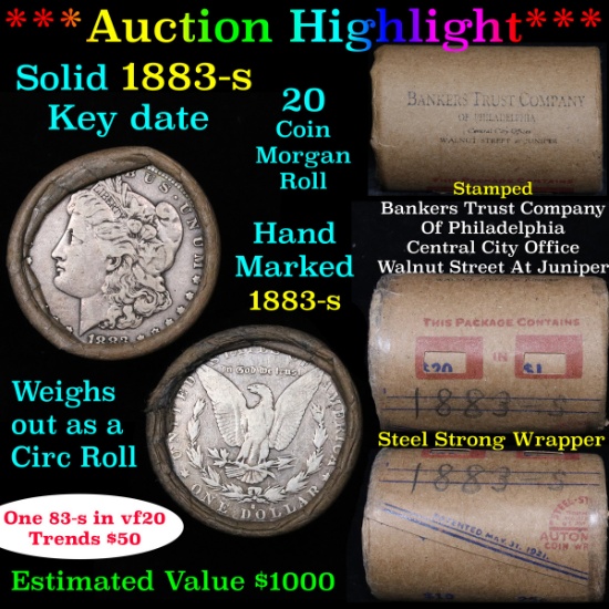 ***Auction Highlight*** Full solid Key date 1883-s Morgan silver dollar roll, 20 coins