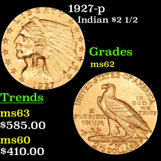 1927-p Gold Indian Quarter Eagle $2 1/2 Grades Select Unc