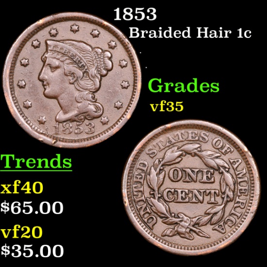 1853 Braided Hair Large Cent 1c Grades vf++