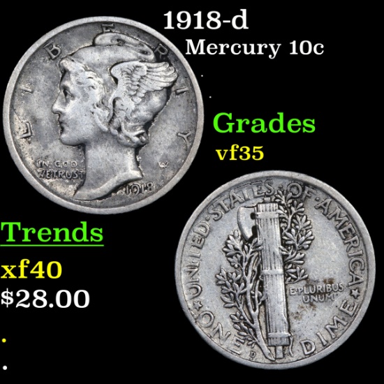 1918-d Mercury Dime 10c Grades vf++