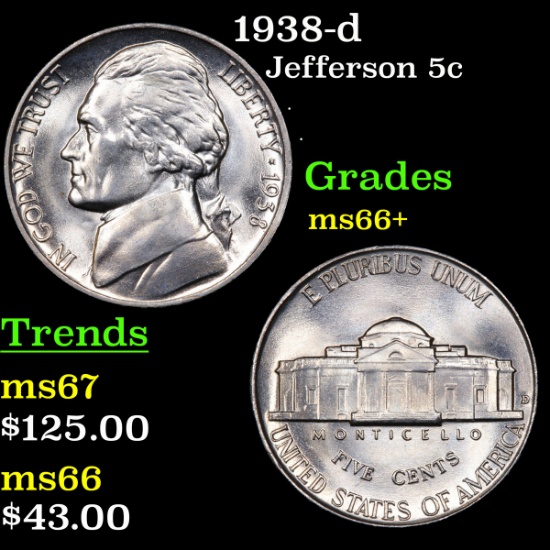 1938-d Jefferson Nickel 5c Grades GEM++ Unc