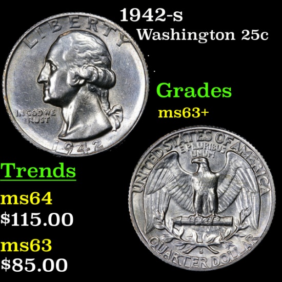 1942-s Washington Quarter 25c Grades Select+ Unc