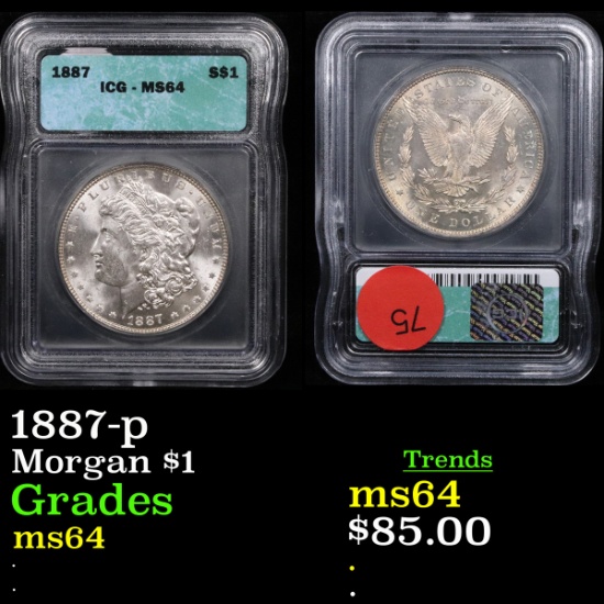 1887-p Morgan Dollar $1 Graded  ms64 By ICG