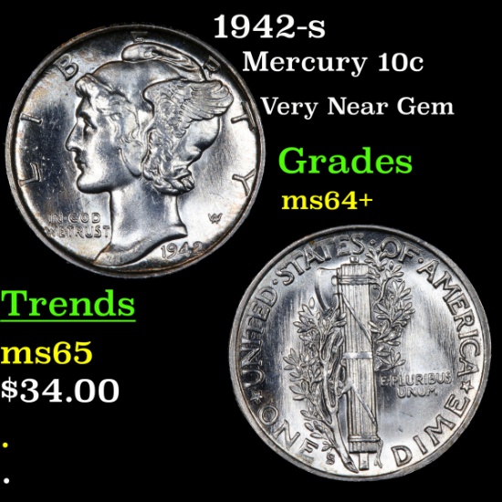 1942-s Mercury Dime 10c Grades Choice+ Unc