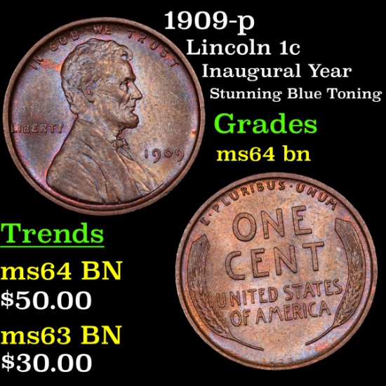 1909-p Lincoln Cent 1c Grades Choice Unc BN