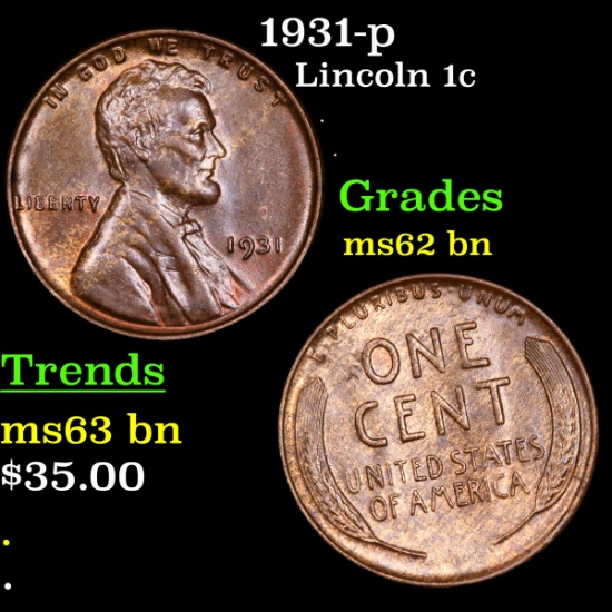 1931-p Lincoln Cent 1c Grades Select Unc BN
