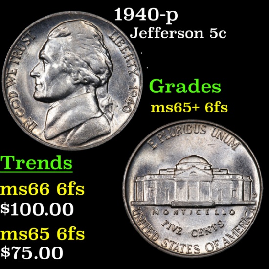 1940-p Jefferson Nickel 5c Grades GEM+ 6fs