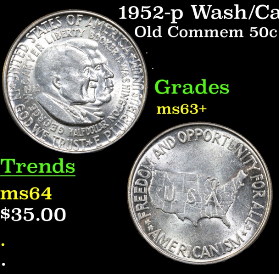 1952-p Wash/Car Old Commem Half Dollar 50c Grades Select+