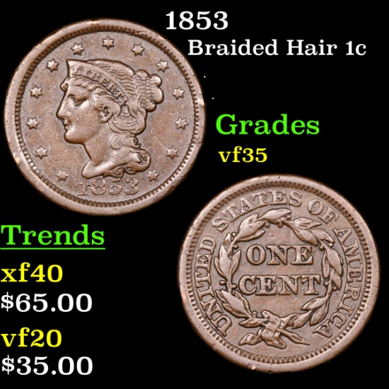 1853 Braided Hair Large Cent 1c Grades vf++