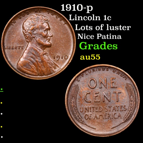 1910-p Lincoln Cent 1c Grades Choice AU