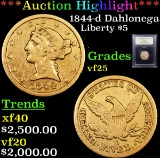 ***Auction Highlight*** 1844-d dahlonega Gold Liberty Half Eagle $5 Graded vf+ By USCG (fc)