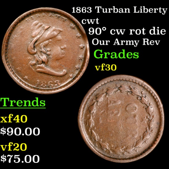 1863 Turban Liberty Civil War Token 1c Grades vf++