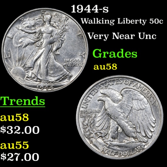 1944-s Walking Liberty Half Dollar 50c Grades Choice AU/BU Slider