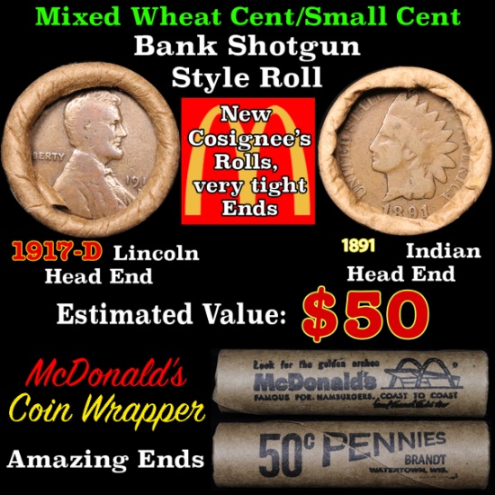 Mixed small cents 1c orig shotgun roll, 1917-d Wheat Cent, 1891 Indian Cent other end