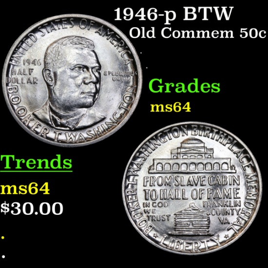 1946-p BTW Old Commem Half Dollar 50c Grades Choice Unc