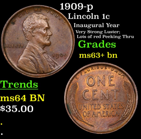 1909-p Lincoln Cent 1c Grades Select+ Unc BN