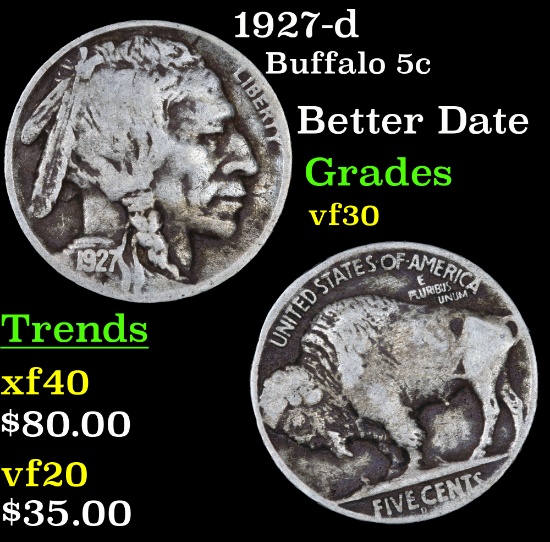 1927-d Buffalo Nickel 5c Grades vf++