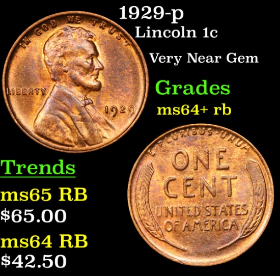 1929-p Lincoln Cent 1c Grades Choice+ Unc RB