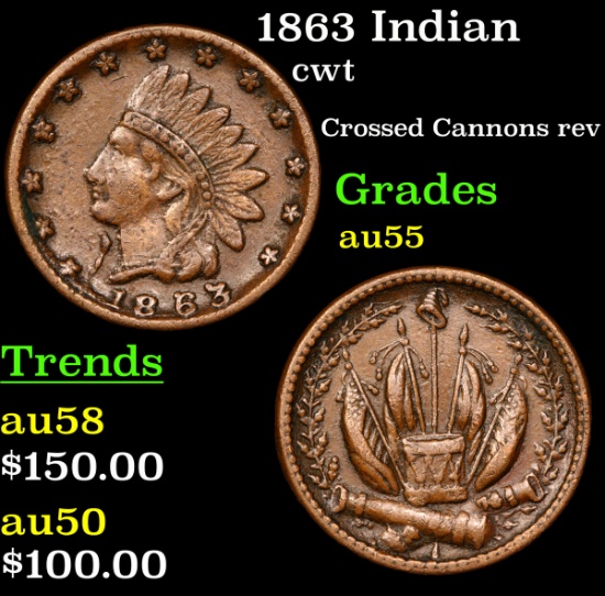 1863 Indian Civil War Token 1c Grades Choice AU