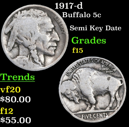 1917-d Buffalo Nickel 5c Grades f+