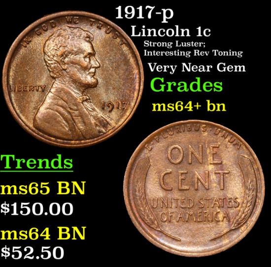 1917-p Lincoln Cent 1c Grades Choice+ Unc BN