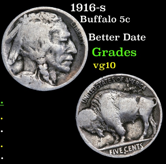 1916-s Buffalo Nickel 5c Grades vg+