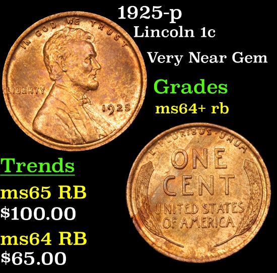1925-p Lincoln Cent 1c Grades Choice+ Unc RB