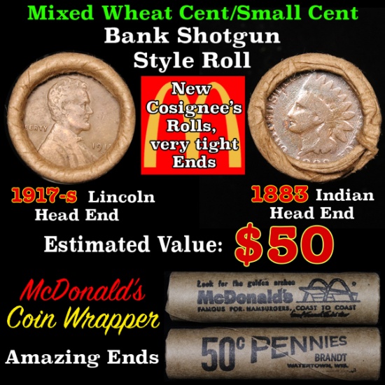 Mixed small cents 1c orig shotgun roll, 1917-s Wheat Cent, 1883 Indian Cent other end